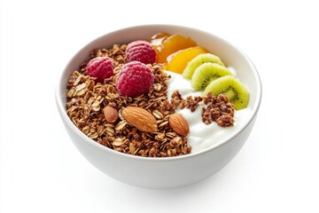 Canvas Print - Granola and Yogurt, A bowl of crunchy granola served with yogurt and often topped with fresh fruits, honey, and nuts. Isolated on White Background