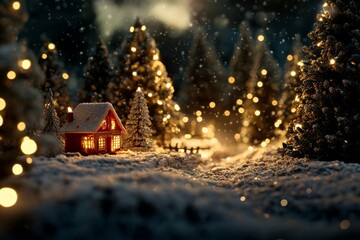 Wall Mural - A cozy cabin nestled in a snowy forest with twinkling lights, symbolizing winter magic, Christmas spirit, warmth, joy, and home.