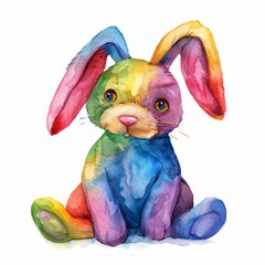 a whimsical rainbow bunny, Easter character, watercolor rendering, lively and bright, isolated on white background