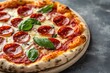 © Dzikrul Husnani - Tasty pepperoni pizza with basil on grey table , ai