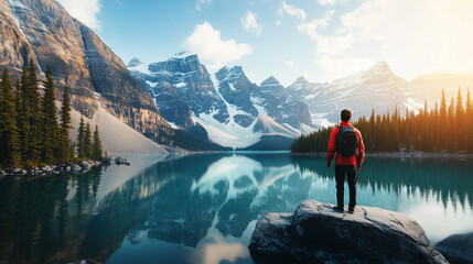 Wall Mural - A man stands on a rock by a serene mountain lake, surrounded by snow-capped peaks and lush forests, basking in the beauty of the natural landscape.