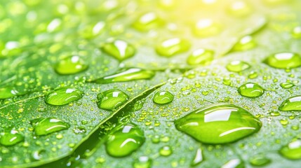 Wall Mural - Dew Drops on Green Leaf Closeup Macro Nature Background