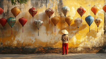 An Asian woman with a conical hat stands in front of a vibrant yellow wall adorned with colorful hanging lanterns, creating a beautiful and serene atmosphere.