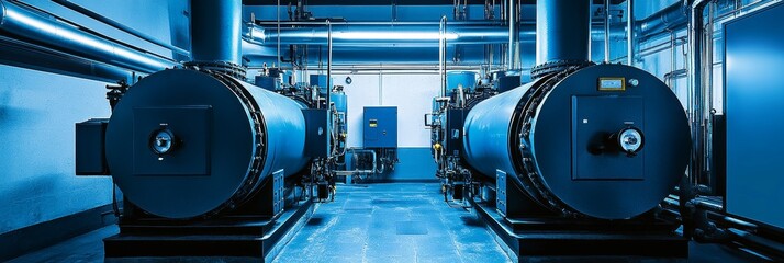 A modern industrial gas boiler room with two large boilers, highlighting efficient heating and power generation.  The clean lines and bright blue color scheme convey a sense of reliability and progres