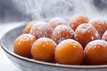 Wall Mural - Gulab Jamun, A popular dessert consisting of deep-fried dough balls soaked in a sweet syrup flavored with cardamom, rose water, or saffron. Isolated on White Background