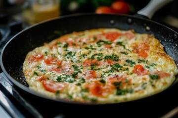 Wall Mural - Omelette, Beaten eggs cooked in a frying pan, often filled with ingredients such as cheese, vegetables, meats, and herbs.