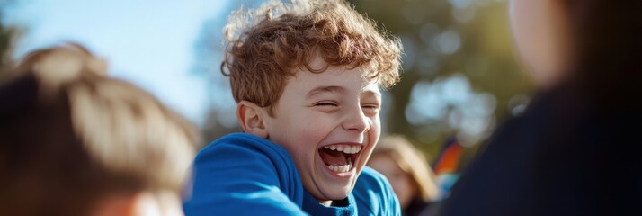 Wall Mural - A group of children, with one in the foreground, laugh energetically as they engage in a playful outdoor game. Bright sunlight adds vibrancy to their joyful antics.