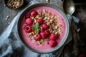 Canvas Print - Smoothie Bowl, A thick smoothie made from blended fruits, yogurt, and sometimes vegetables, served in a bowl and topped with granola, seeds, nuts, and fresh fruit.