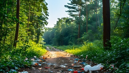 Forest path revealing environmental pollution among lush greenery under bright sunshine