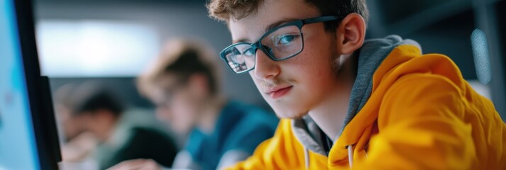 Sticker - A student attentively working on a computer in a contemporary educational setting, with classmates in the background also engaged in learning activities.