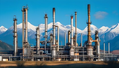 Wall Mural - Modern industrial refinery amidst stunning mountain landscape under a clear blue sky, highlighting the blend of technology and natures beauty