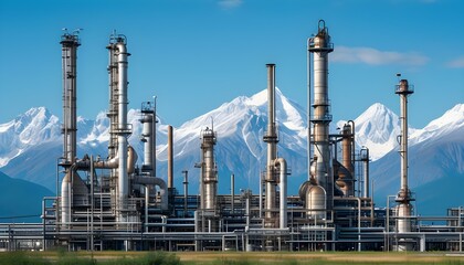 Wall Mural - Modern industrial refinery amidst stunning mountain landscape under a clear blue sky, highlighting the blend of technology and natures beauty