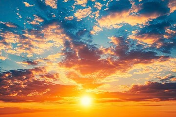 Sunset sky clouds in the evening summer with Orange, Yellow sunlight in Golden hour or morning sunrise, Horizon sky nature background , ai