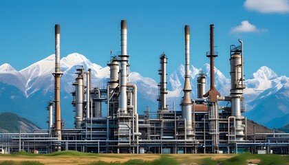 Wall Mural - Modern industrial refinery amidst stunning mountain landscape under a clear blue sky, highlighting the blend of technology and natures beauty