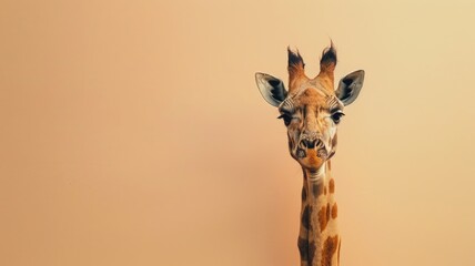 Close-up of giraffe facing forward against tan background