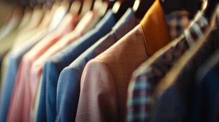 Colorful collection of shirts hanging on a rack, showcasing a variety of fabrics and styles The background features a blurred interior space