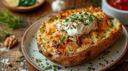 Poster - Baked potatoes with sour cream and filling on a plate