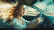 © feeling lucky - A dynamic image of a woman driving fast, showcasing speed and excitement in a modern car.
