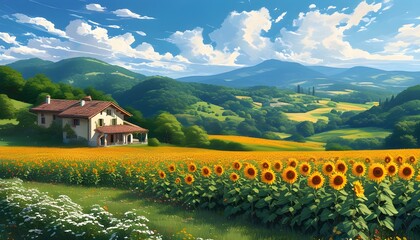 Charming countryside house surrounded by a blooming sunflower field and lush green hills under a vibrant blue sky