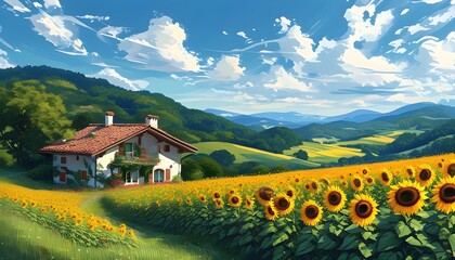 Wall Mural - Charming countryside house surrounded by a blooming sunflower field and lush green hills under a vibrant blue sky