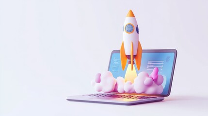 Wall Mural - A cartoon rocket launches from a laptop screen, representing a successful business start-up, innovation, and new technology.