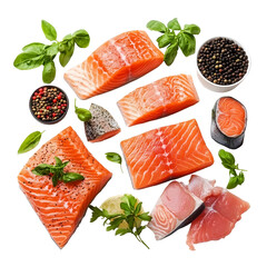 Wall Mural - Fresh Salmon Selection Perfect Cuts for Every Recipe on Transparent Background