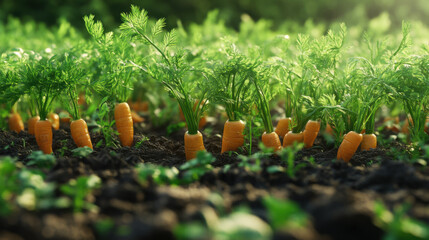 A row of carrots are growing in a field