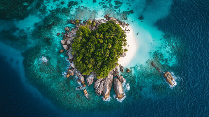 Wall Mural - Aerial view of a stunning, isolated tropical island surrounded by vibrant, turquoise waters with lush greenery and rocky outcrops.