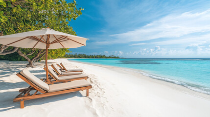 A serene tropical beach with white sand, azure water, and wooden lounge chairs under sun umbrellas, inviting relaxation under the clear blue sky.