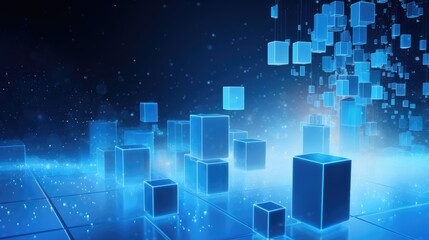 Wall Mural - abstract digital background with glowing blue cubes floating in a futuristic space.