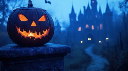 Canvas Print - Scary Jack O Lantern with Haunted Castle in Background