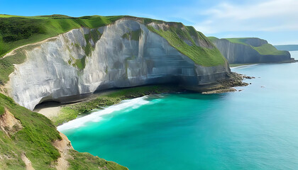 Wall Mural - Stunning cliff overlooking the coast, with calm green waters and a clear blue sky.