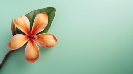 Orange tropical flower with leaves on mint green background