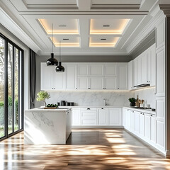 Modern White Kitchen Illustration with Marble Island and Hardwood Floors