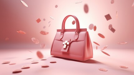 Poster - Pink leather handbag with coins falling around it on a pink background.