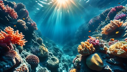 Vibrant underwater spectacle of colorful coral reefs and diverse marine life illuminated by sunlight in crystal clear waters