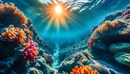 Vibrant underwater spectacle of colorful coral reefs and diverse marine life illuminated by sunlight in crystal clear waters