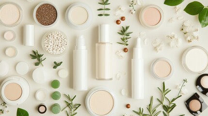 Natural Beauty Products Flat Lay with Flowers and Herbs