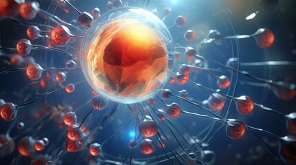 Abstract 3D illustration of a sphere with glowing particles and a network of connected nodes.