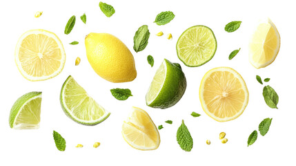 Pattern featuring lemons, lemon slices, and lime on a fresh, colorful background