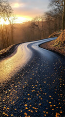 Wall Mural - Golden Hour Road Trip Photo - Winding Road, Sunset, Forest, Asphalt, Reflections