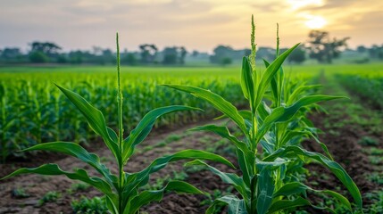 A vibrant cornfield in India at sunset, showcasing lush green corn plants with their leaves reaching towards the sky. The field represents growth, abundance, and the beauty of nature.