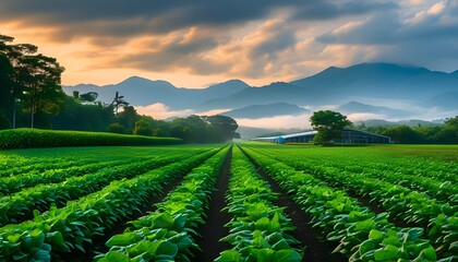 Wall Mural - Vibrant agricultural landscape with rows of crops stretching towards misty mountains beneath a beautifully cloudy sky