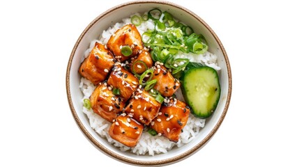 Sticker - top down view of a bowl of teriyaki salmon rice. Product image. White background