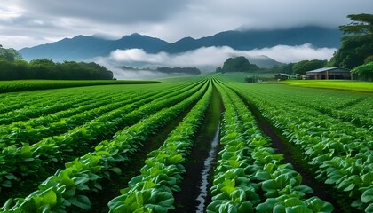 Wall Mural - Vibrant agricultural landscape with rows of crops stretching towards misty mountains beneath a beautifully cloudy sky