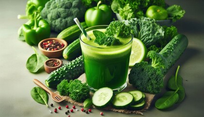 A healthy green detox juice made with kale, spinach, and cucumber, served in a glass with a straw, surrounded by fresh green vegetables