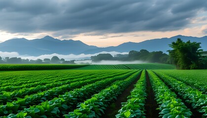 Wall Mural - Vibrant agricultural landscape with rows of crops stretching towards misty mountains beneath a beautifully cloudy sky