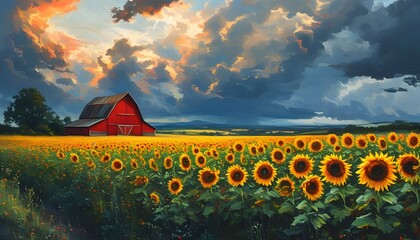 Wall Mural - Charming countryside scenery featuring a red barn amidst a lively sunflower field beneath a strikingly dramatic cloudy sky