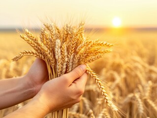 A close-up of hands holding ripe wheat against a golden sunset backdrop in a vast field, representing agriculture and harvest.