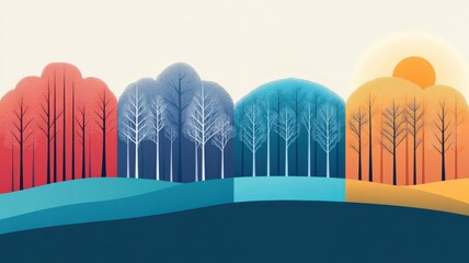 A colorful, stylized forest landscape with vibrant trees and a serene sun setting, ideal for nature and tranquility themes.